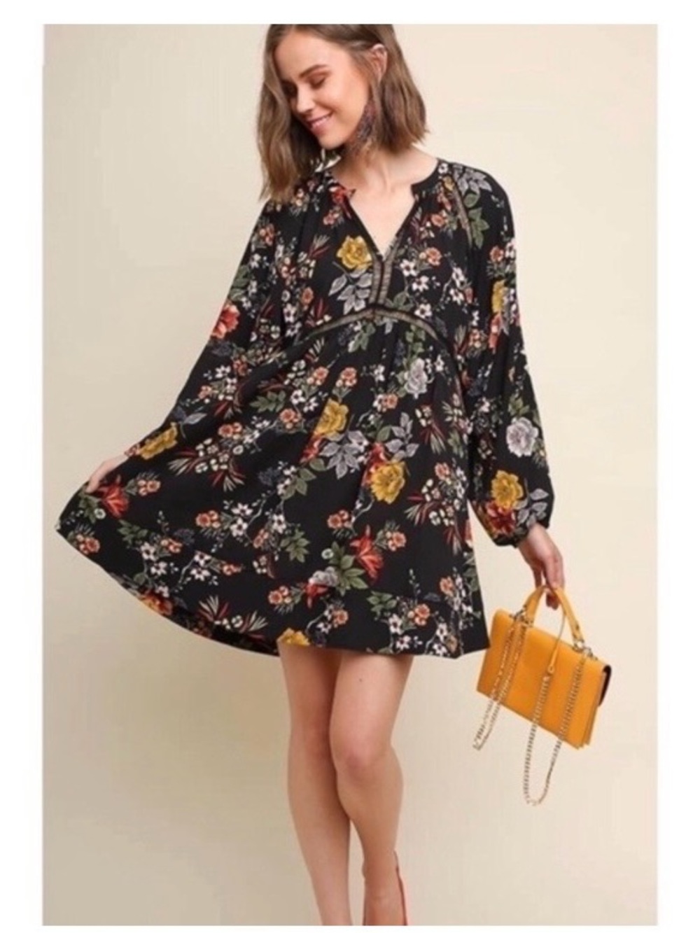 Umgee Black Floral Mini Babydoll Dress